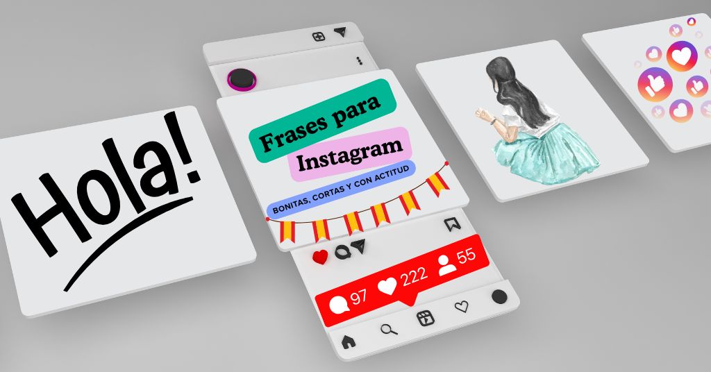 Diseño gráfico 3D con tarjetas de estilo Instagram. Una tarjeta central muestra la frase "Frases para Instagram" con colores vibrantes, acompañada por ilustraciones estéticas como una chica, el logo de Instagram, y un corazón con la bandera de España.
