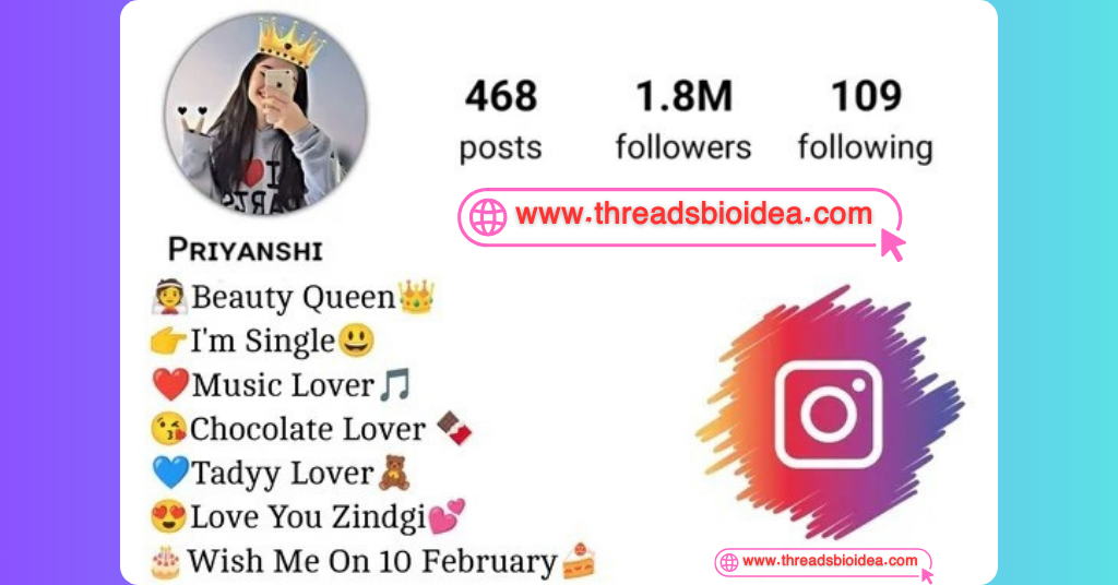 Instagram bio for girl with stylish profile, showing emojis and personal details like "Beauty Queen", "I'm Single", "Music Lover", "Chocolate Lover", "Love You Zindgi", and birthday date "Wish Me On 10 February"